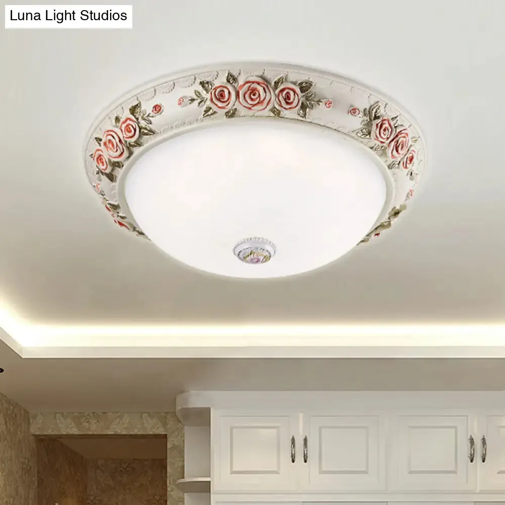 12"/16" Wide Domed Ceiling Mounted Light with White Glass Flush Lamp and Rose Deco - Korea Countryside