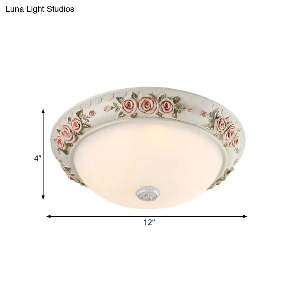 12"/16" Wide Domed Ceiling Mounted Light with White Glass Flush Lamp and Rose Deco - Korea Countryside
