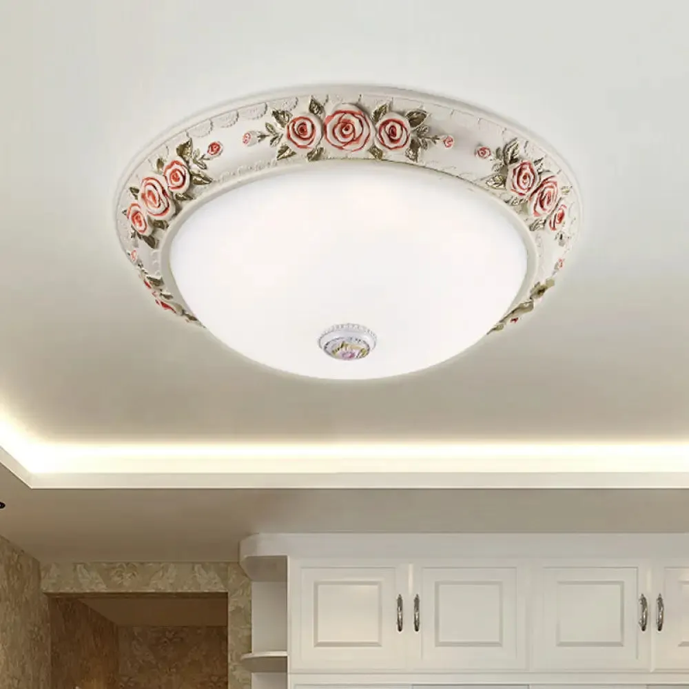 12"/16" Wide Domed Ceiling Mounted Light with White Glass Flush Lamp and Rose Deco - Korea Countryside