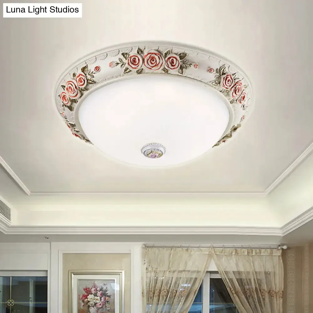 12"/16" Wide Domed Ceiling Mounted Light with White Glass Flush Lamp and Rose Deco - Korea Countryside