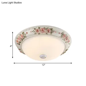 12"/16" Wide Domed Ceiling Mounted Light with White Glass Flush Lamp and Rose Deco - Korea Countryside