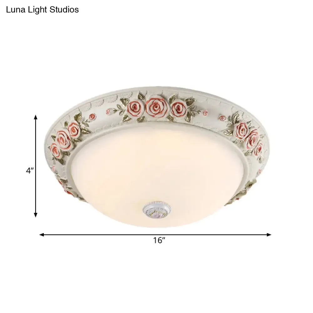 12"/16" Wide Domed Ceiling Mounted Light with White Glass Flush Lamp and Rose Deco - Korea Countryside