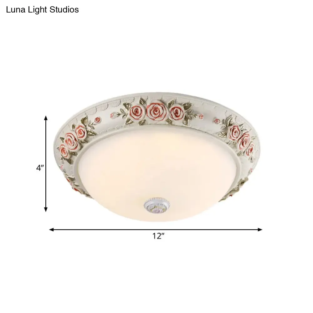 12"/16" Wide Domed Ceiling Mounted Light with White Glass Flush Lamp and Rose Deco - Korea Countryside