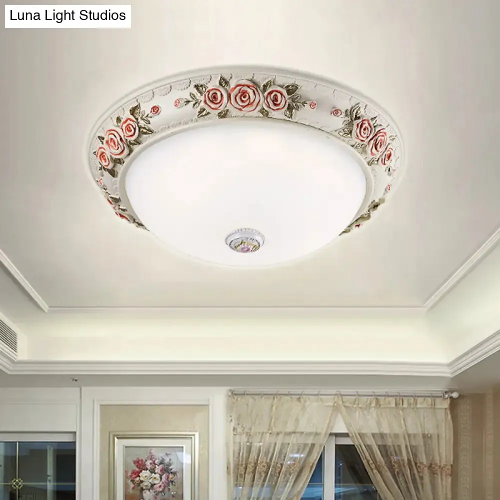 12"/16" Wide Domed Ceiling Mounted Light with White Glass Flush Lamp and Rose Deco - Korea Countryside