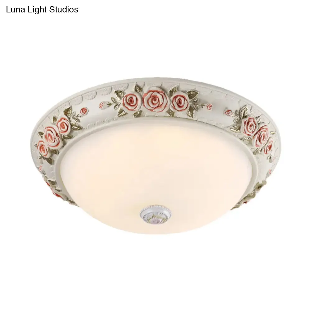 12"/16" Wide Domed Ceiling Mounted Light with White Glass Flush Lamp and Rose Deco - Korea Countryside