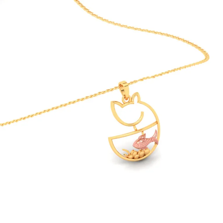 14k Cat Shaped Fish Bowl Gold Pendant With A Touch Of Yellow Gold From Amazea Collection