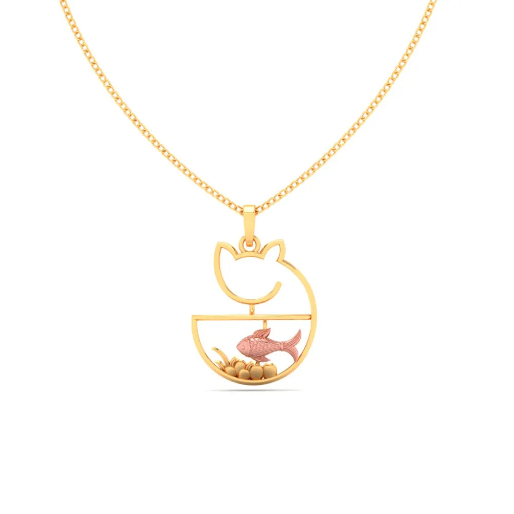 14k Cat Shaped Fish Bowl Gold Pendant With A Touch Of Yellow Gold From Amazea Collection