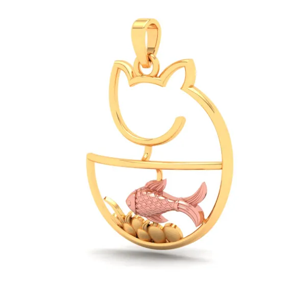 14k Cat Shaped Fish Bowl Gold Pendant With A Touch Of Yellow Gold From Amazea Collection