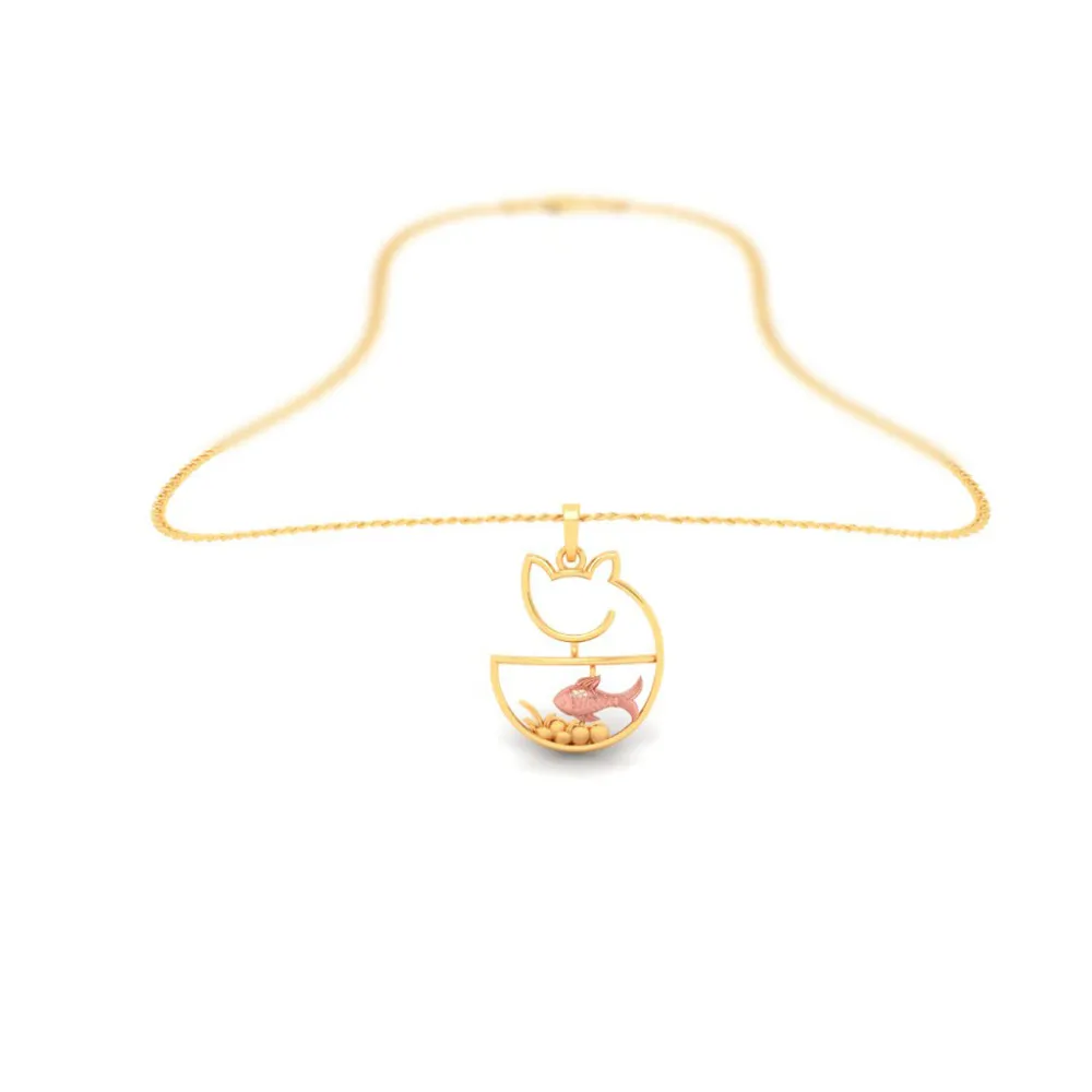 14k Cat Shaped Fish Bowl Gold Pendant With A Touch Of Yellow Gold From Amazea Collection