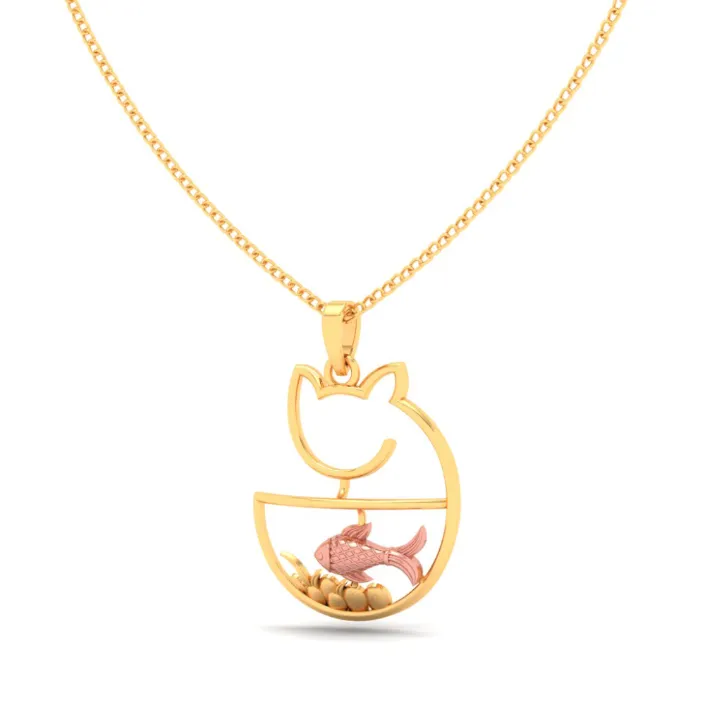 14k Cat Shaped Fish Bowl Gold Pendant With A Touch Of Yellow Gold From Amazea Collection
