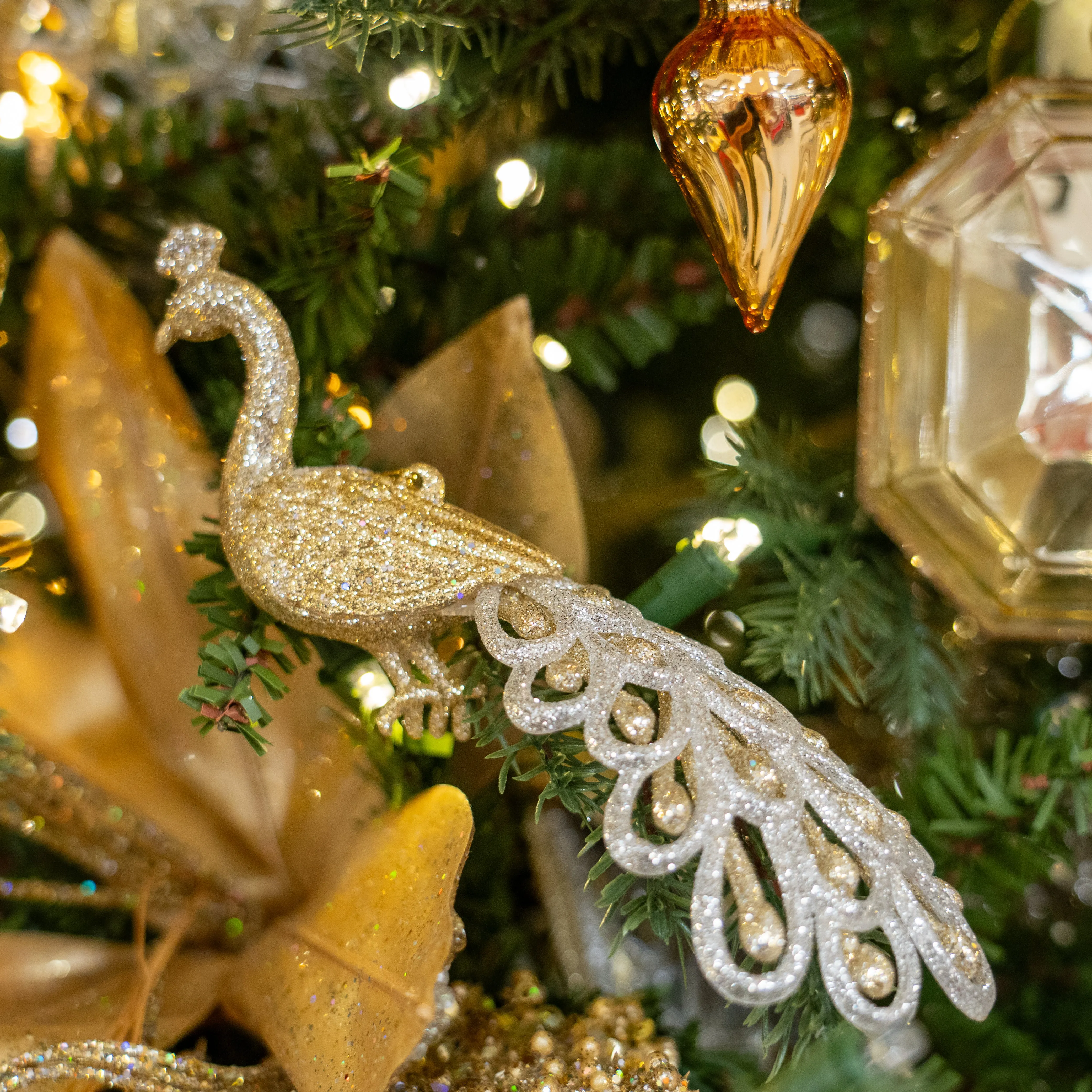 3.5" Gold & Platinum Peacock Ornament Set Of 6