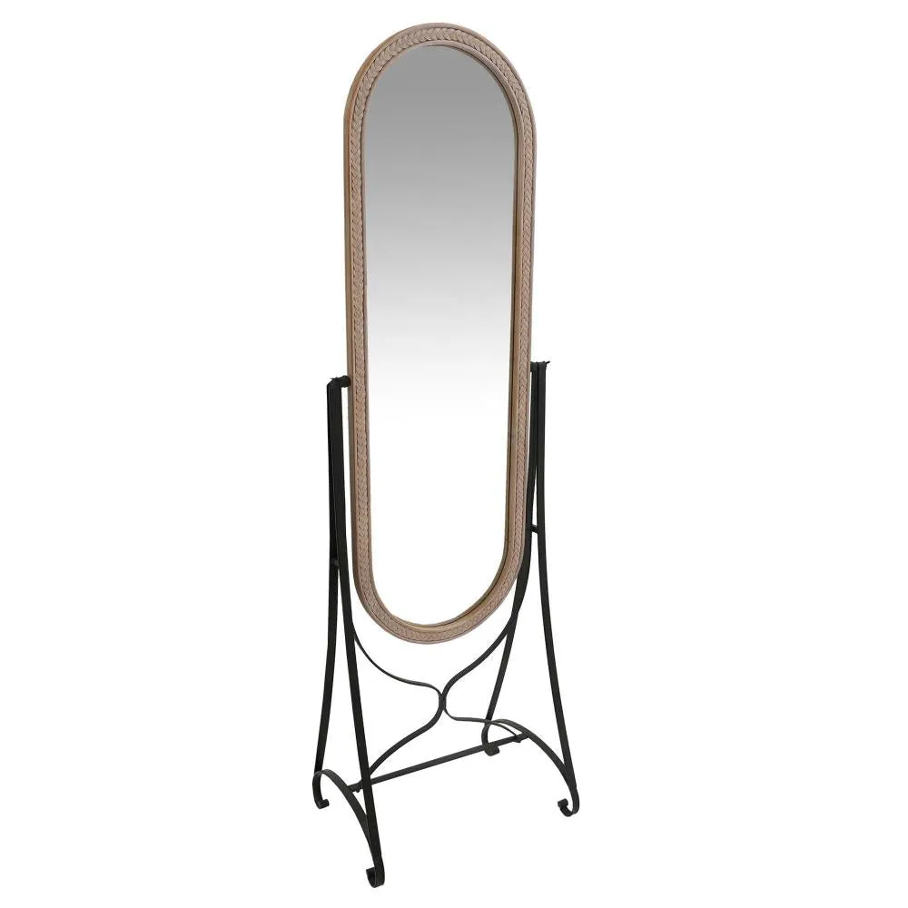 64 Inch Tall Adjustable Cheval Mirror with Oval Carved Wood Frame and Metal Stand, Brown By The Urban Port