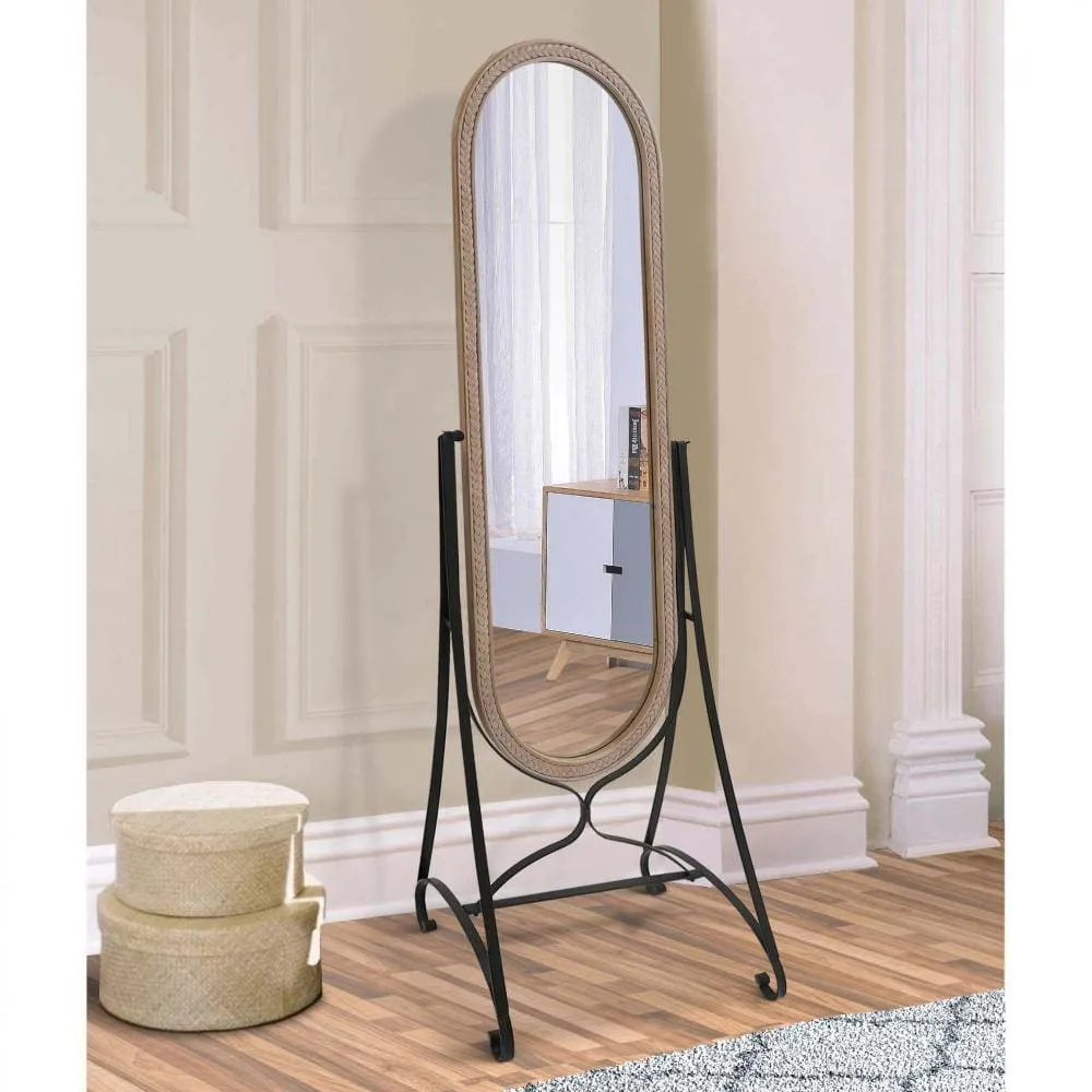 64 Inch Tall Adjustable Cheval Mirror with Oval Carved Wood Frame and Metal Stand, Brown By The Urban Port