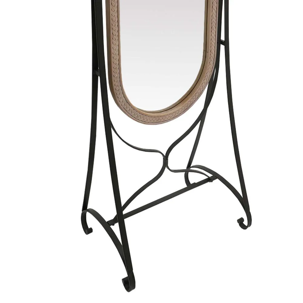 64 Inch Tall Adjustable Cheval Mirror with Oval Carved Wood Frame and Metal Stand, Brown By The Urban Port