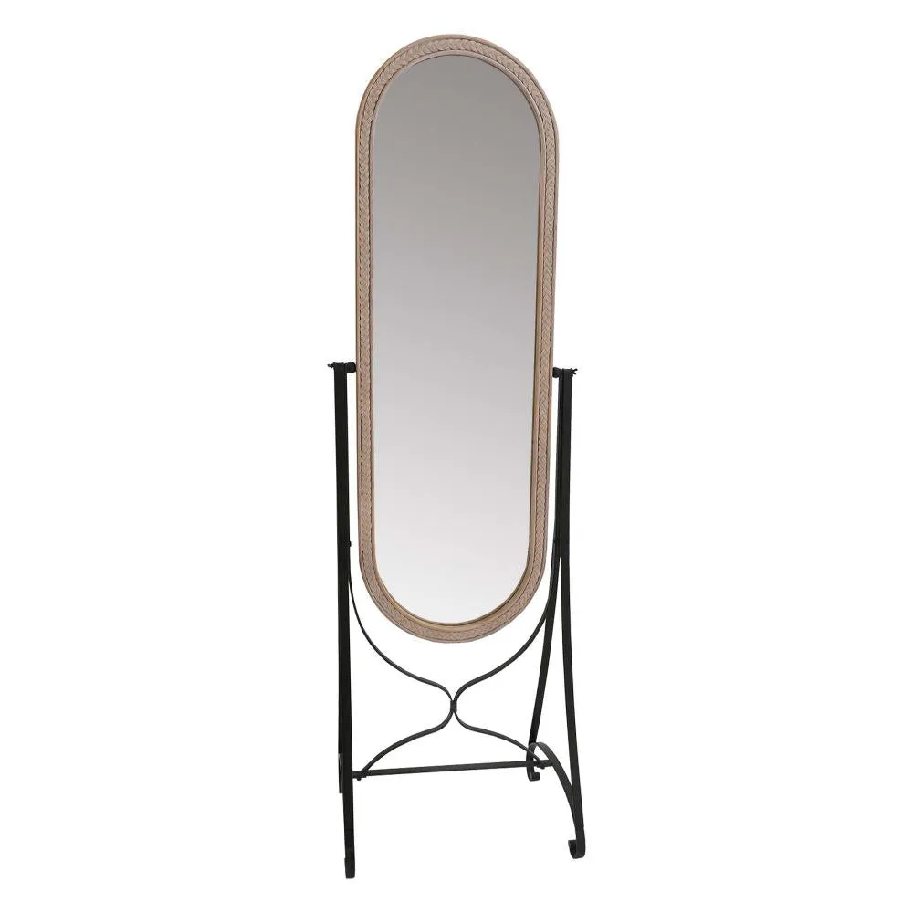 64 Inch Tall Adjustable Cheval Mirror with Oval Carved Wood Frame and Metal Stand, Brown By The Urban Port