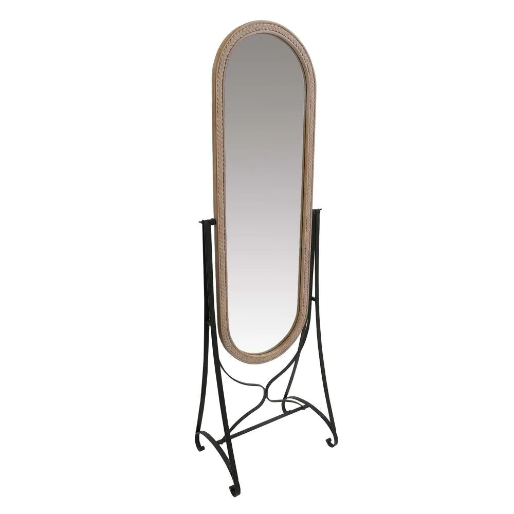 64 Inch Tall Adjustable Cheval Mirror with Oval Carved Wood Frame and Metal Stand, Brown By The Urban Port