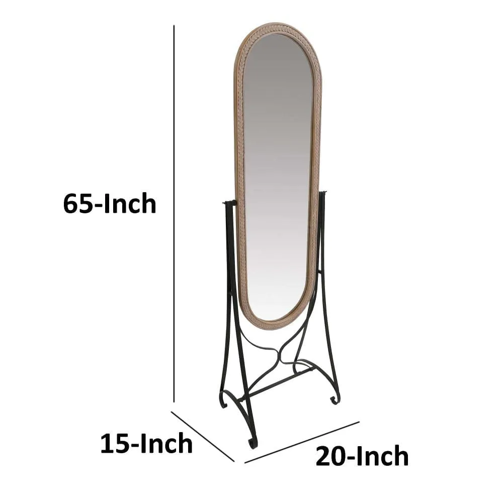 64 Inch Tall Adjustable Cheval Mirror with Oval Carved Wood Frame and Metal Stand, Brown By The Urban Port