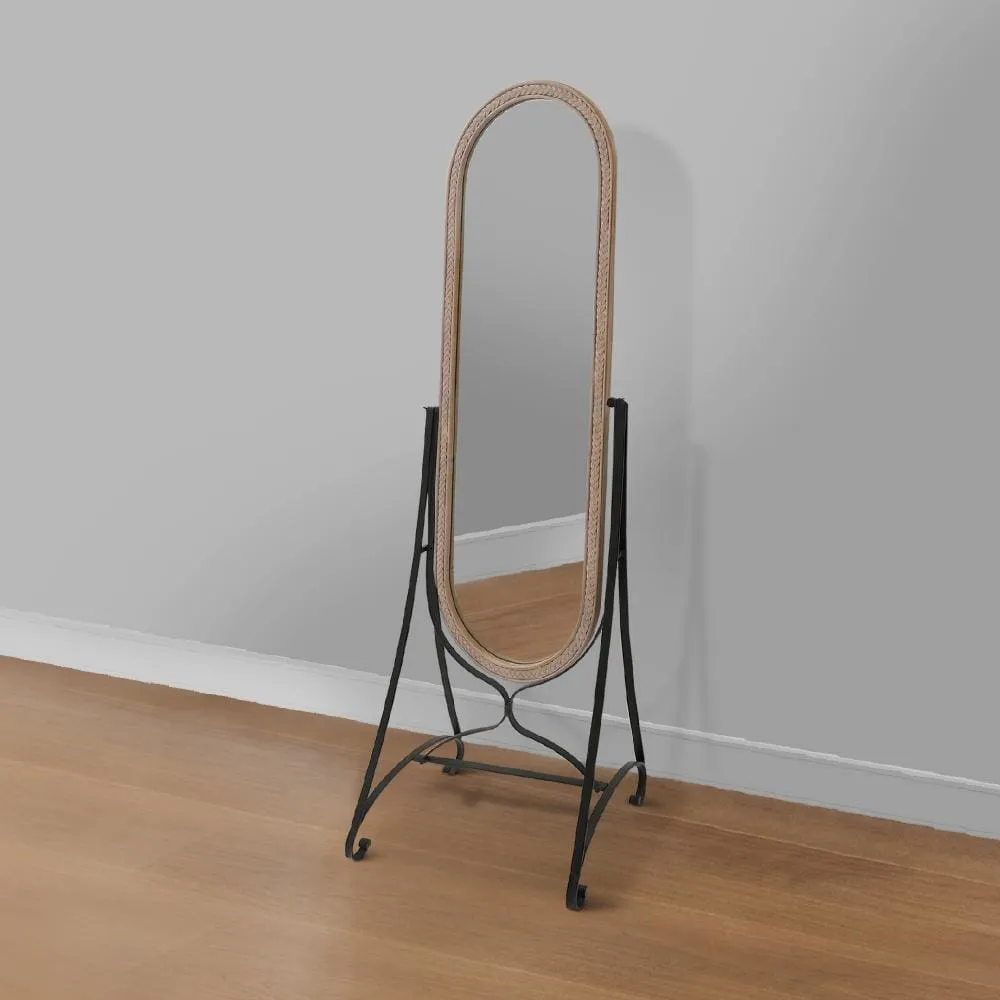 64 Inch Tall Adjustable Cheval Mirror with Oval Carved Wood Frame and Metal Stand, Brown By The Urban Port