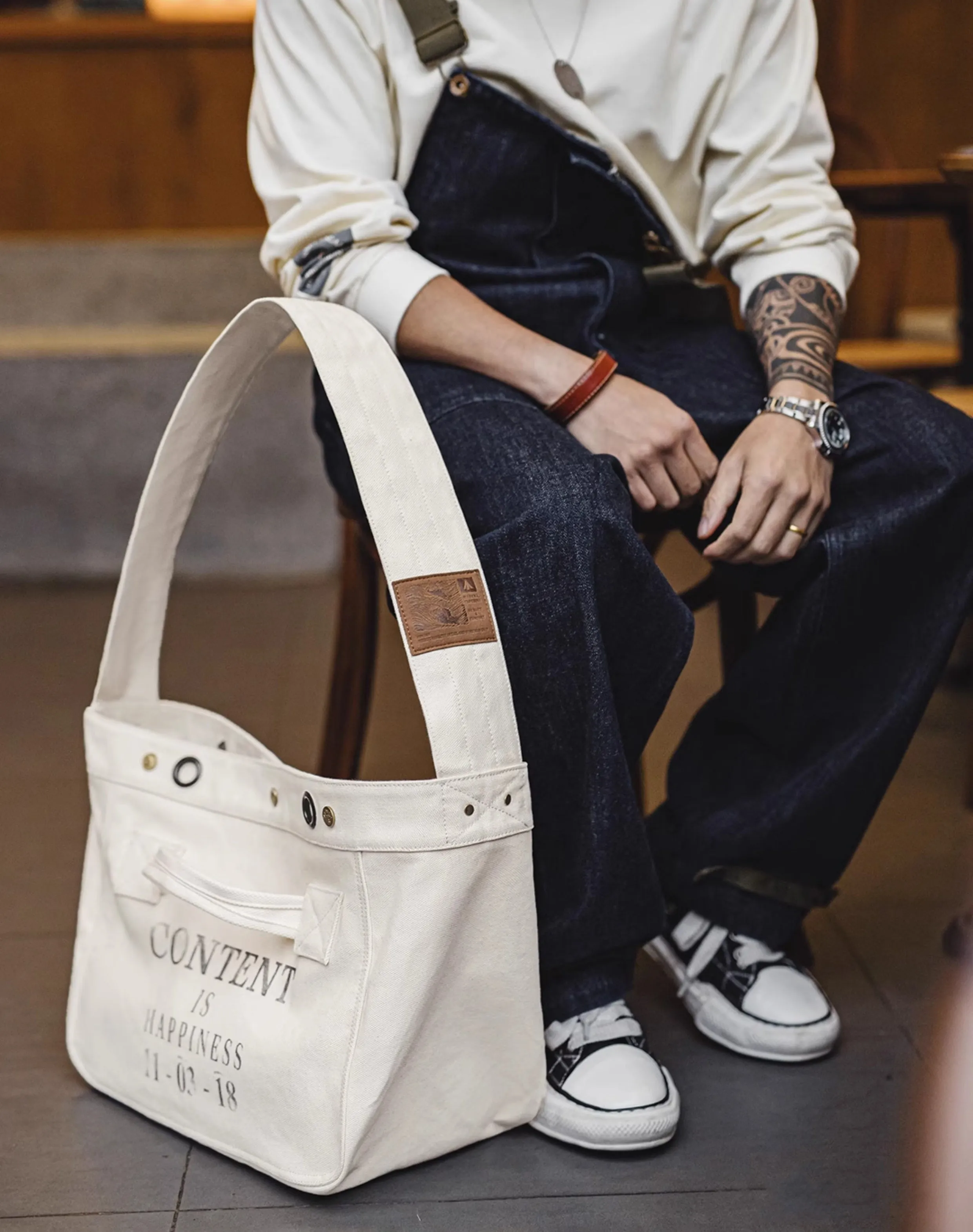 American Retro Motorcycle Large Capacity Canvas Messenger Printed Letter Men's Bag