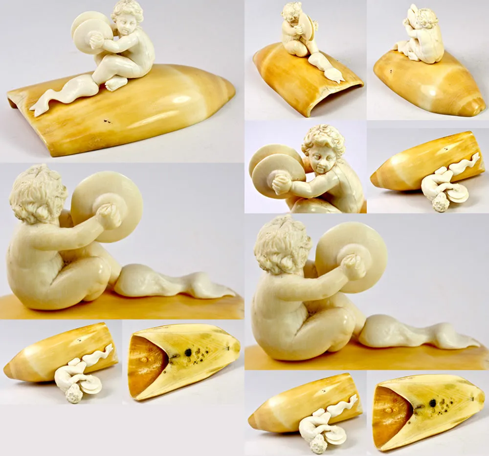 Antique 19th Century Hand Carved Dieppe Ivory Putti Figure with Cymbals Mounted on Walrus (?) Tusk
