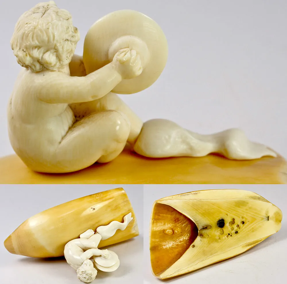 Antique 19th Century Hand Carved Dieppe Ivory Putti Figure with Cymbals Mounted on Walrus (?) Tusk
