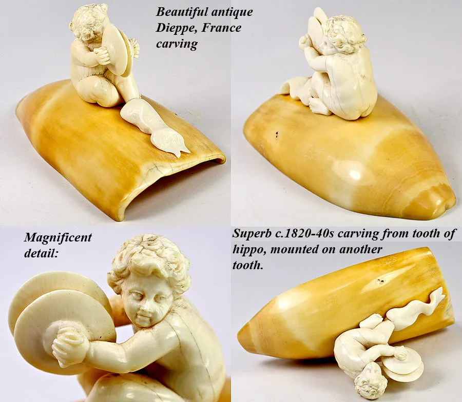 Antique 19th Century Hand Carved Dieppe Ivory Putti Figure with Cymbals Mounted on Walrus (?) Tusk