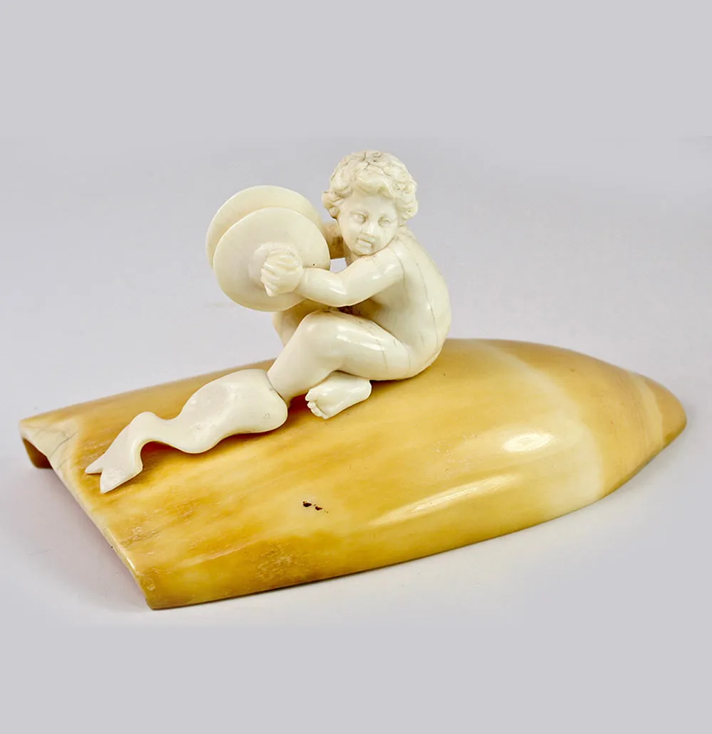 Antique 19th Century Hand Carved Dieppe Ivory Putti Figure with Cymbals Mounted on Walrus (?) Tusk