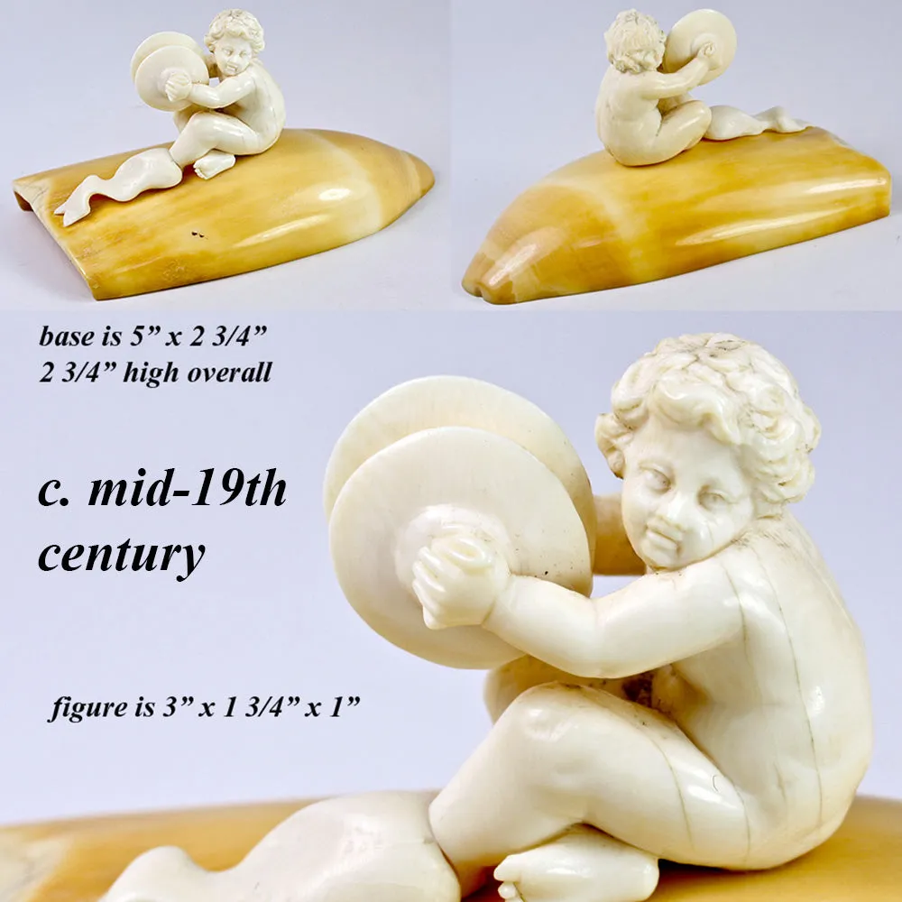 Antique 19th Century Hand Carved Dieppe Ivory Putti Figure with Cymbals Mounted on Walrus (?) Tusk