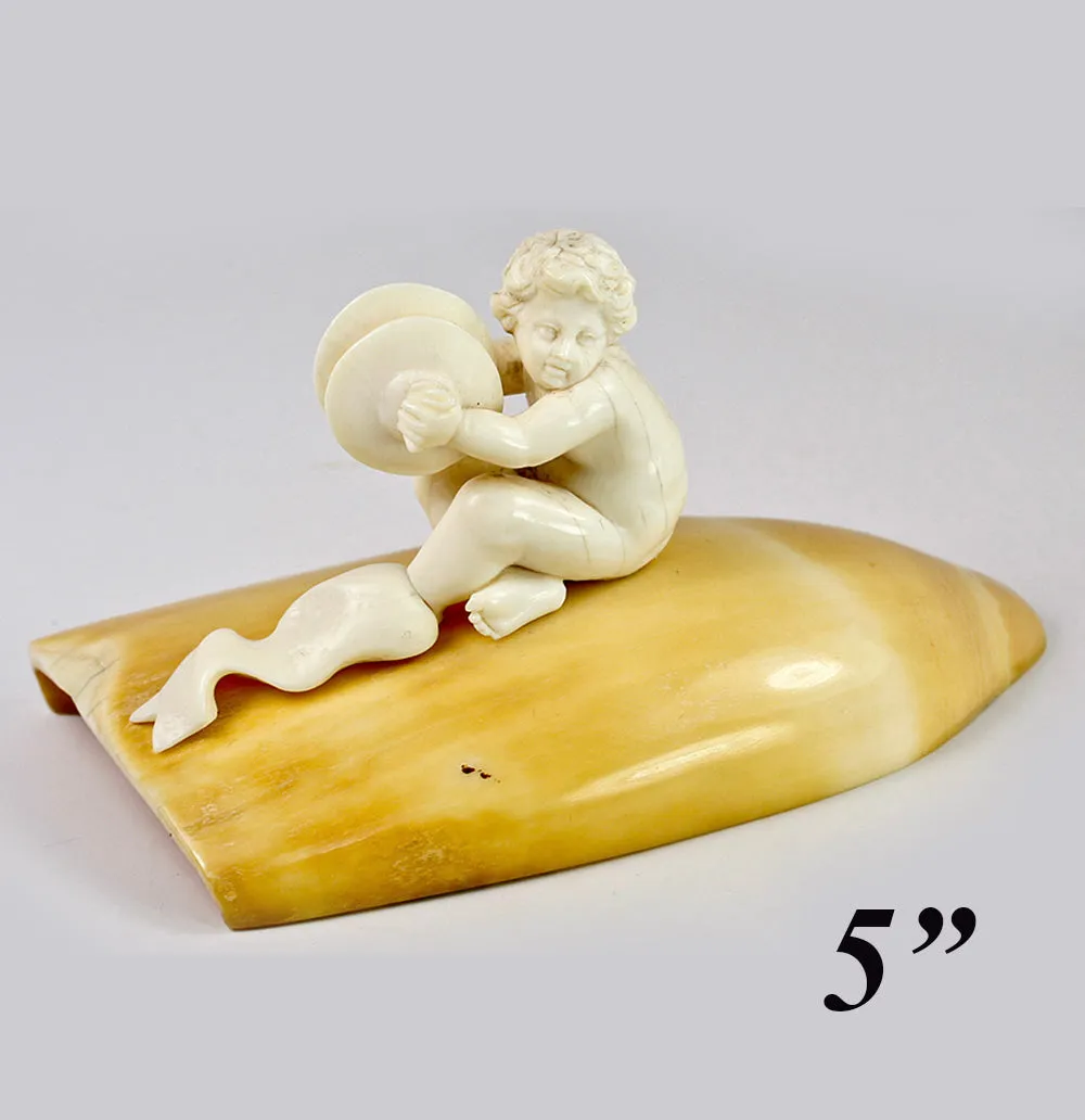 Antique 19th Century Hand Carved Dieppe Ivory Putti Figure with Cymbals Mounted on Walrus (?) Tusk
