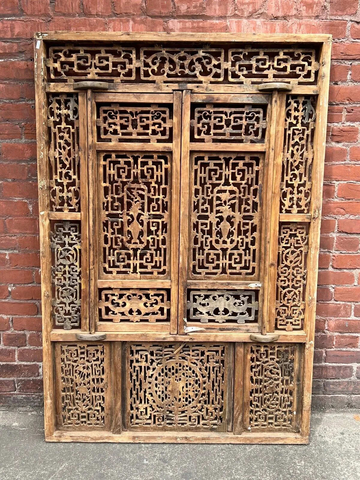 Antique Chinese Qing Dynasty 19th Hand Carved Wood Window Panel 39 x 58