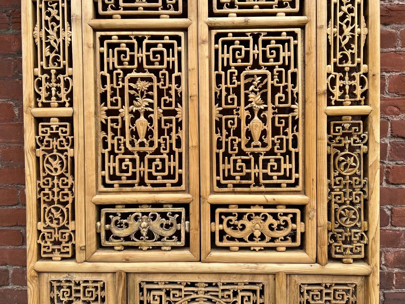Antique Chinese Qing Dynasty 19th Hand Carved Wood Window Panel 39 x 58