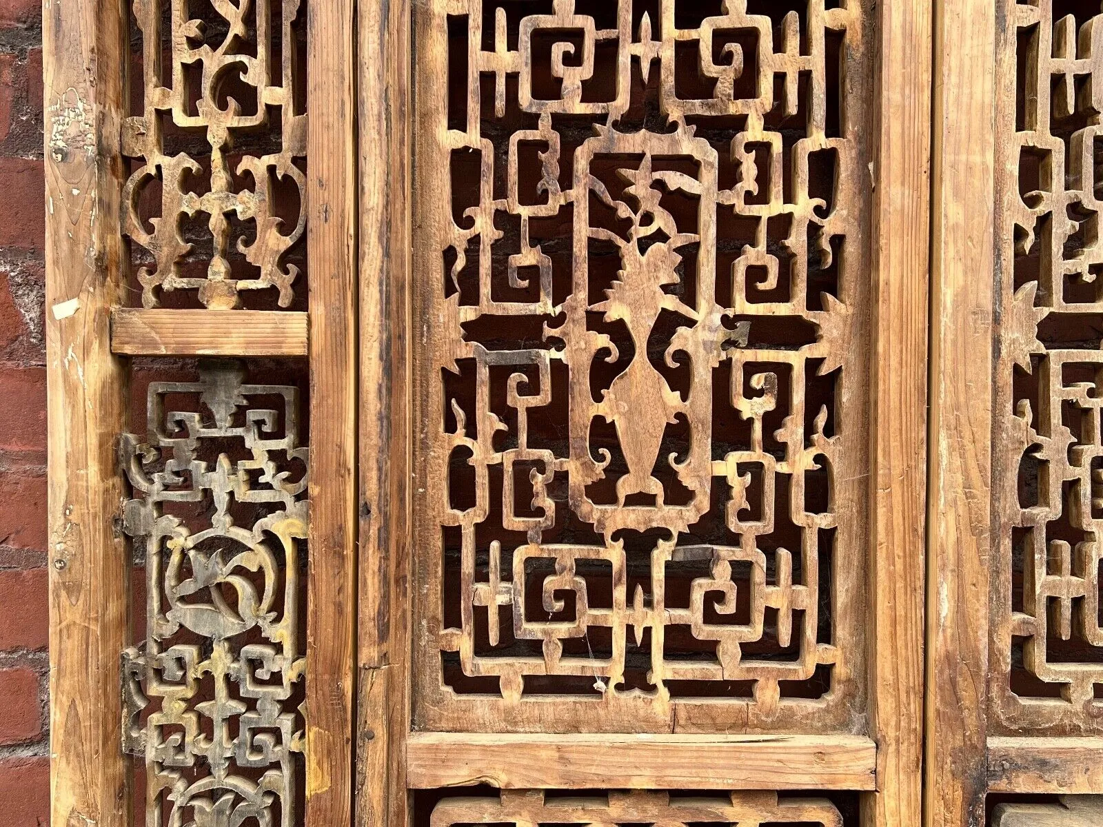 Antique Chinese Qing Dynasty 19th Hand Carved Wood Window Panel 39 x 58