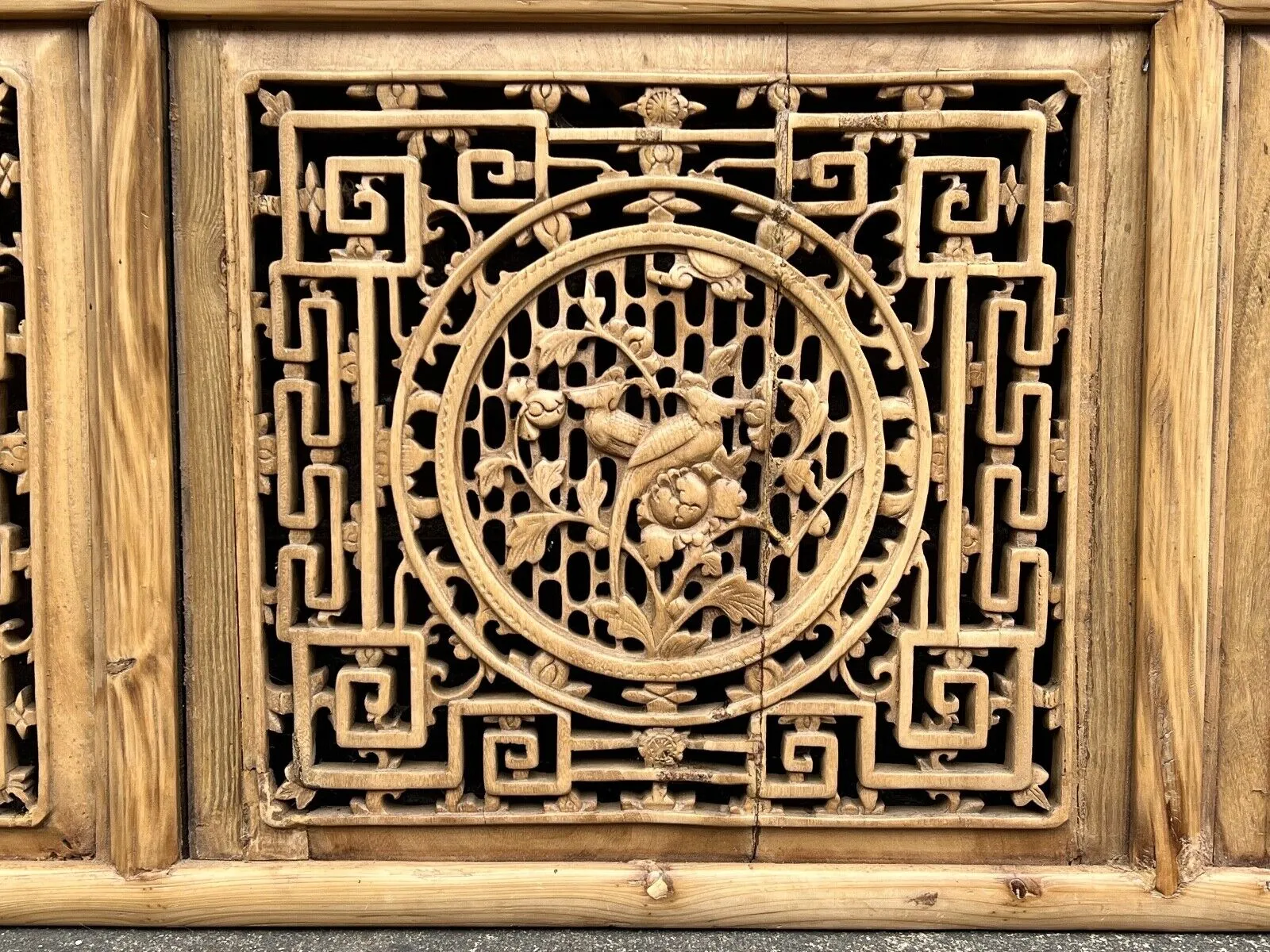 Antique Chinese Qing Dynasty 19th Hand Carved Wood Window Panel 39 x 58