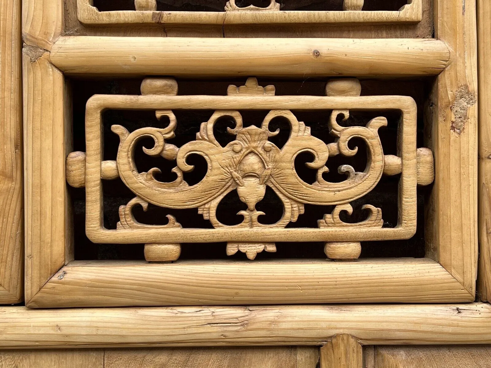 Antique Chinese Qing Dynasty 19th Hand Carved Wood Window Panel 39 x 58