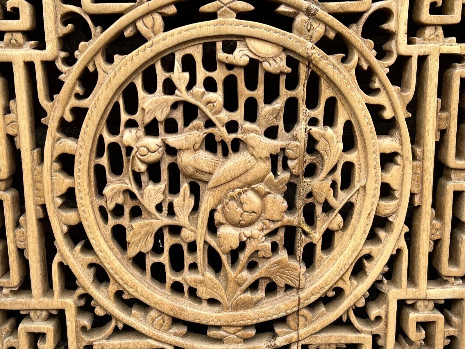 Antique Chinese Qing Dynasty 19th Hand Carved Wood Window Panel 39 x 58