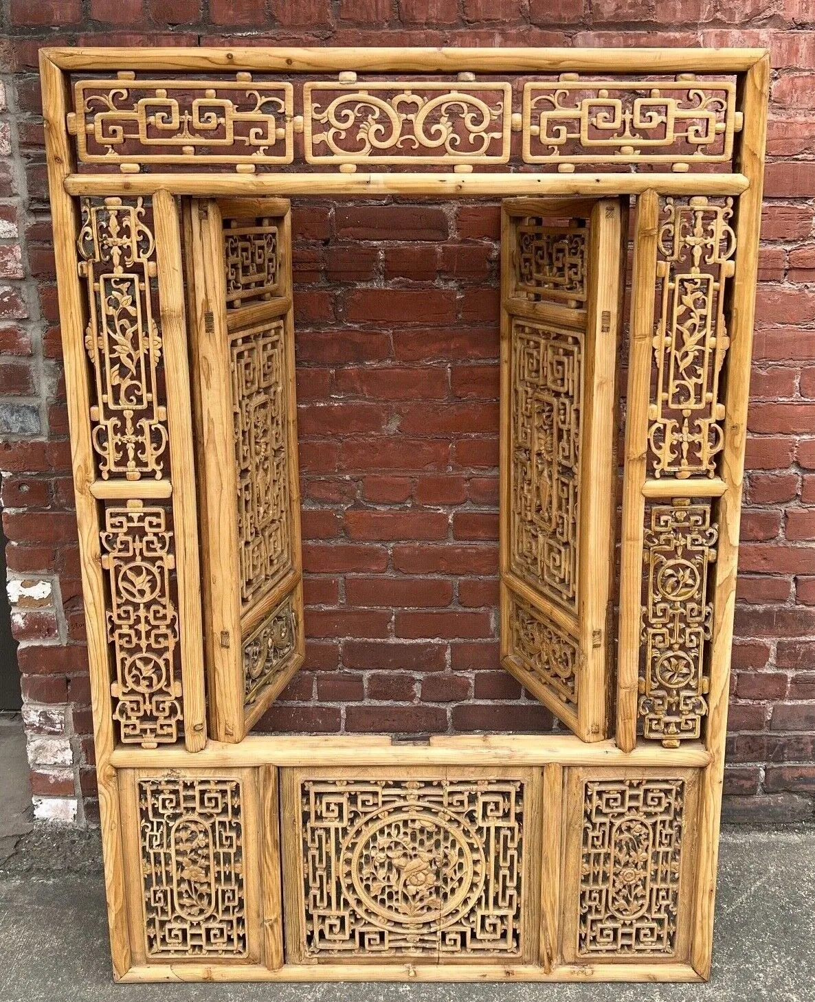Antique Chinese Qing Dynasty 19th Hand Carved Wood Window Panel 39 x 58