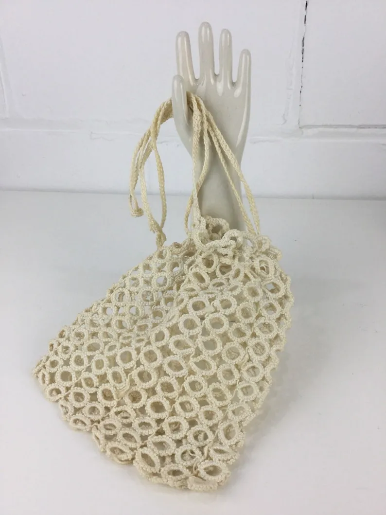 Antique Edwardian 1900s White Cotton Crochet Evening Bag/ Drawstring Pouch Purse