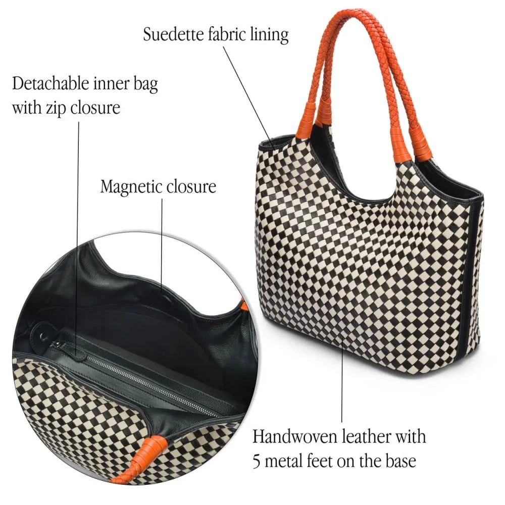 Anya Woven Leather Shoulder Bag - Mono Check With Orange