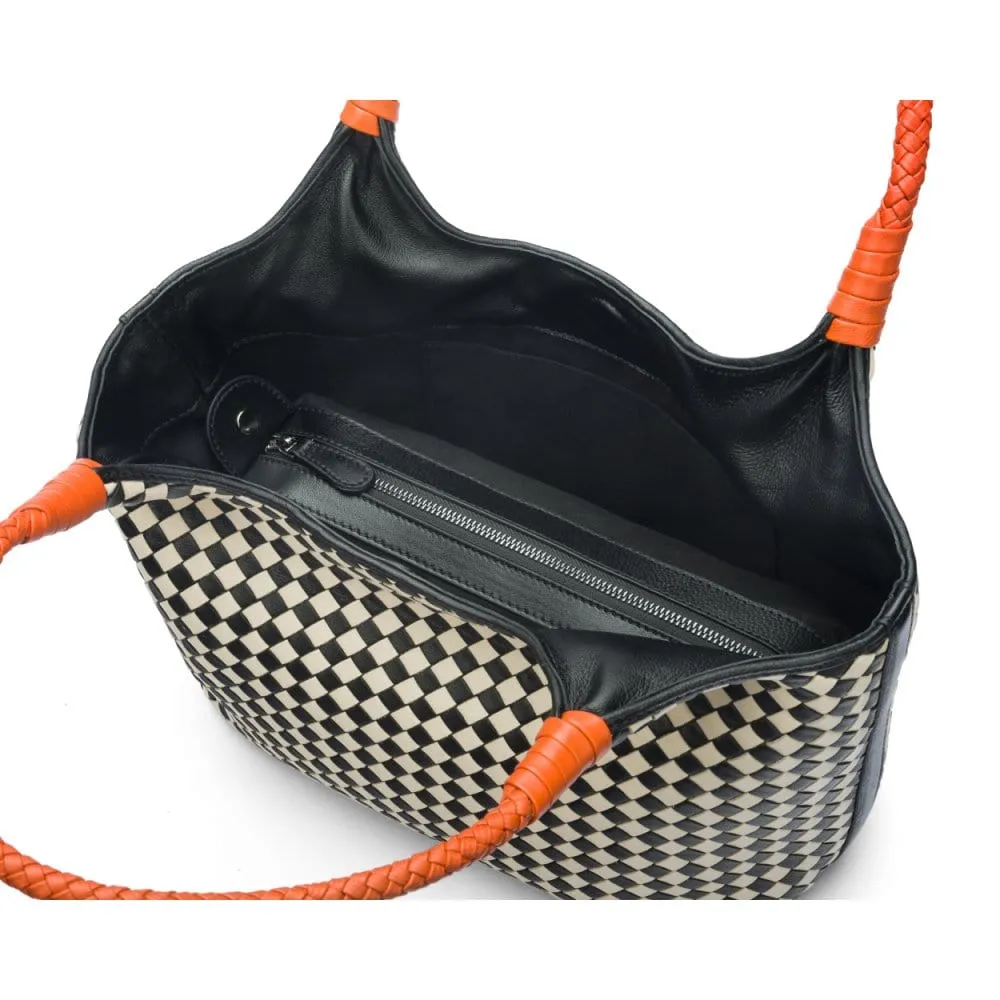Anya Woven Leather Shoulder Bag - Mono Check With Orange