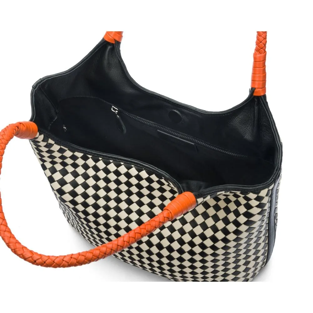 Anya Woven Leather Shoulder Bag - Mono Check With Orange