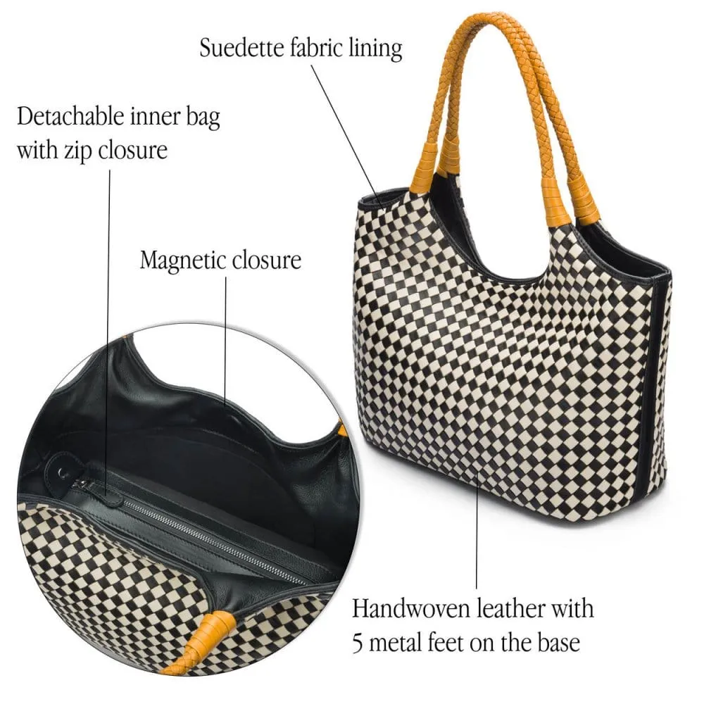 Anya Woven Leather Shoulder Bag - Mono Check With Yellow