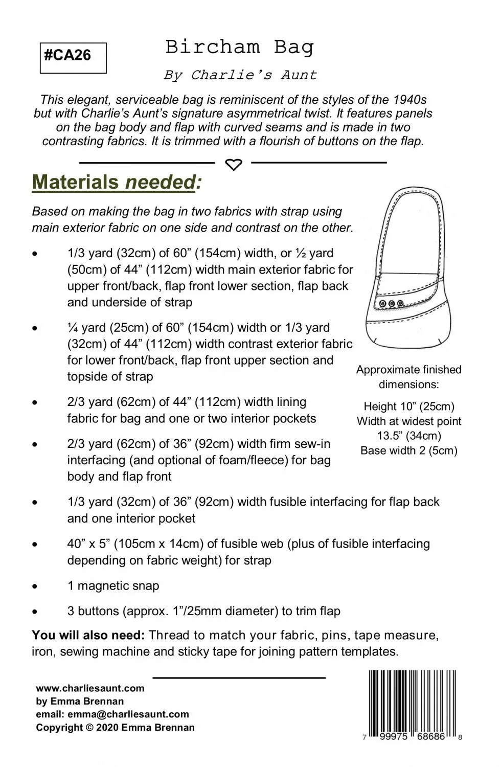 Bircham Bag by Charlie's Aunt (Printed Paper Pattern)