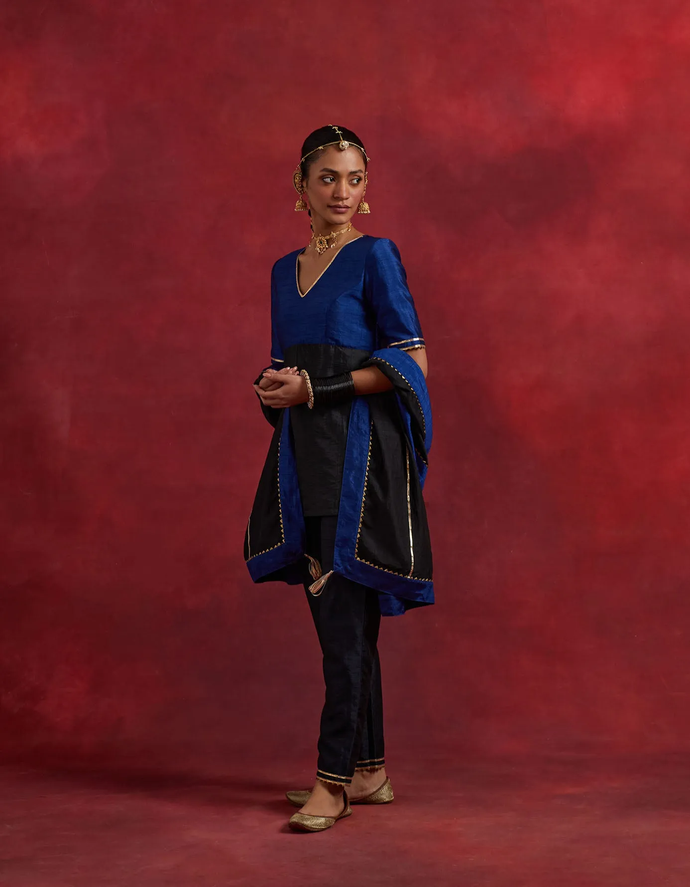 Blue Black Raw Silk Sadhna Kurta Set (Set Of 3)