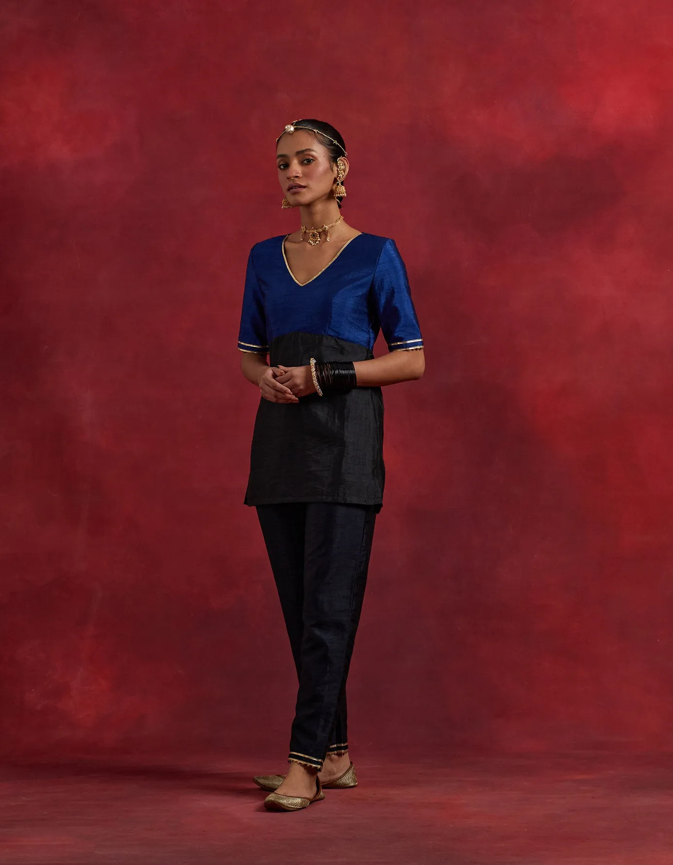 Blue Black Raw Silk Sadhna Kurta Set (Set Of 3)