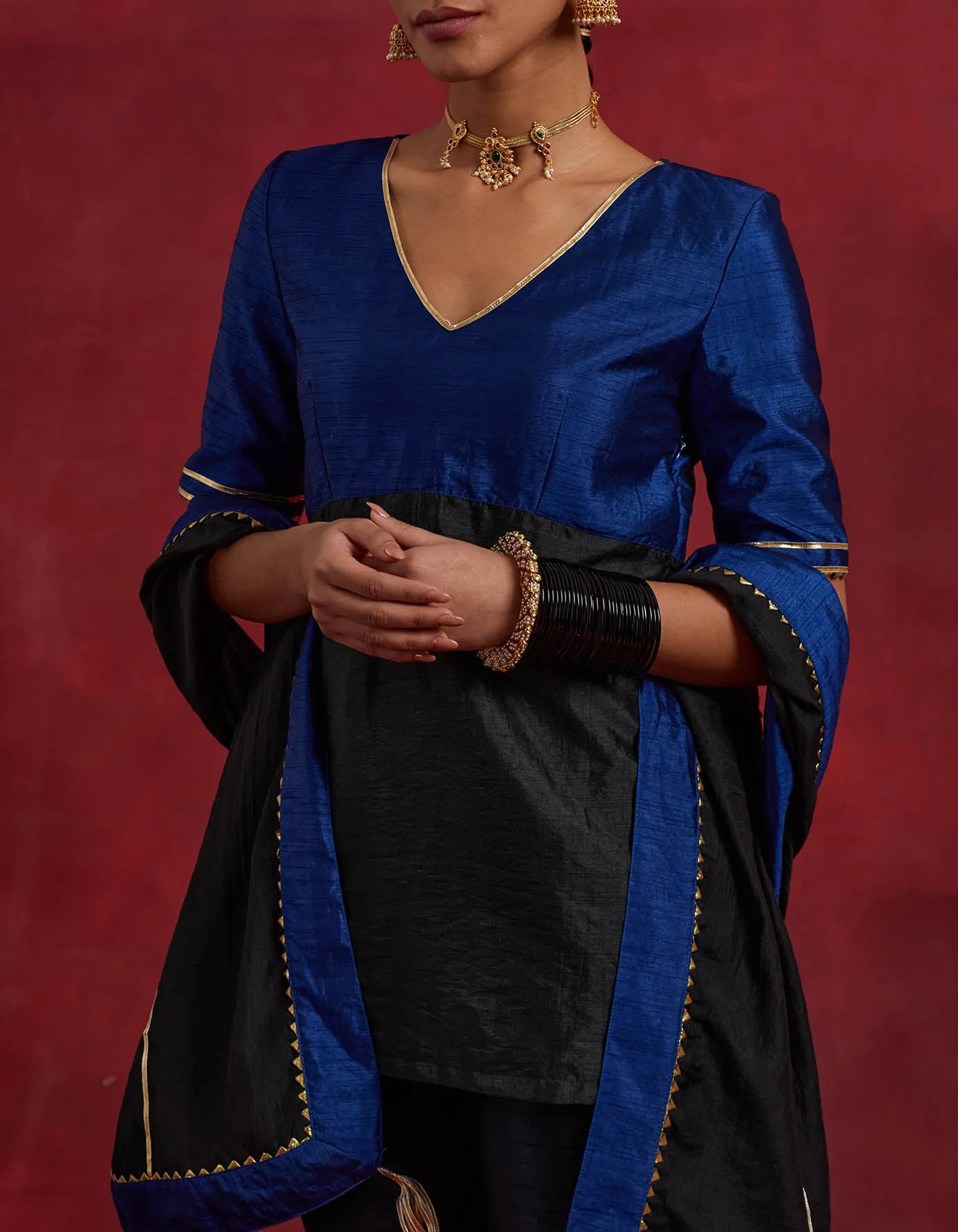 Blue Black Raw Silk Sadhna Kurta Set (Set Of 3)