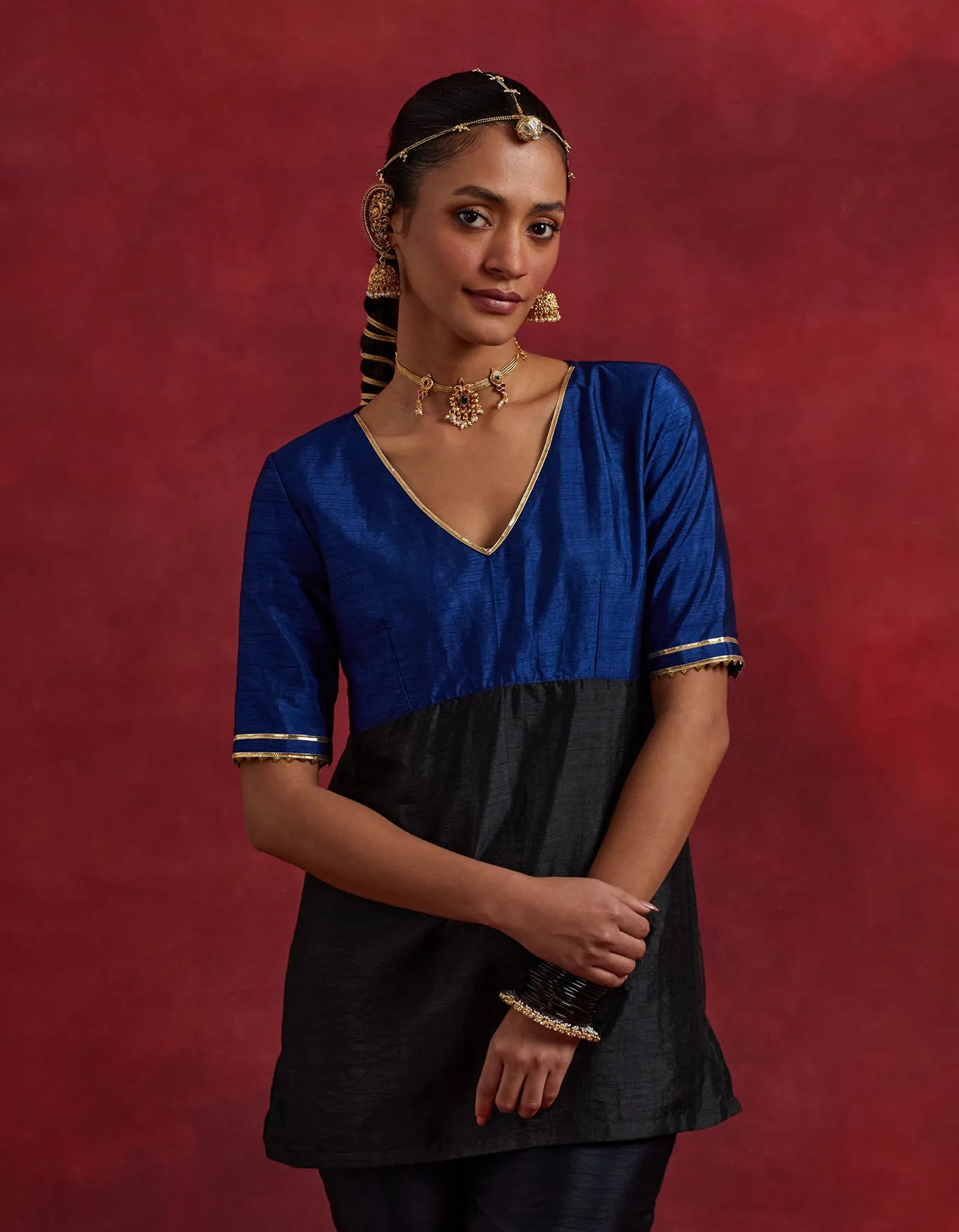 Blue Black Raw Silk Sadhna Kurta Set (Set Of 3)