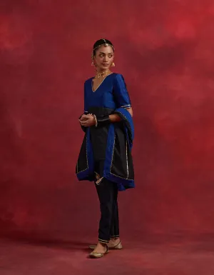 Blue Black Raw Silk Sadhna Kurta Set (Set Of 3)