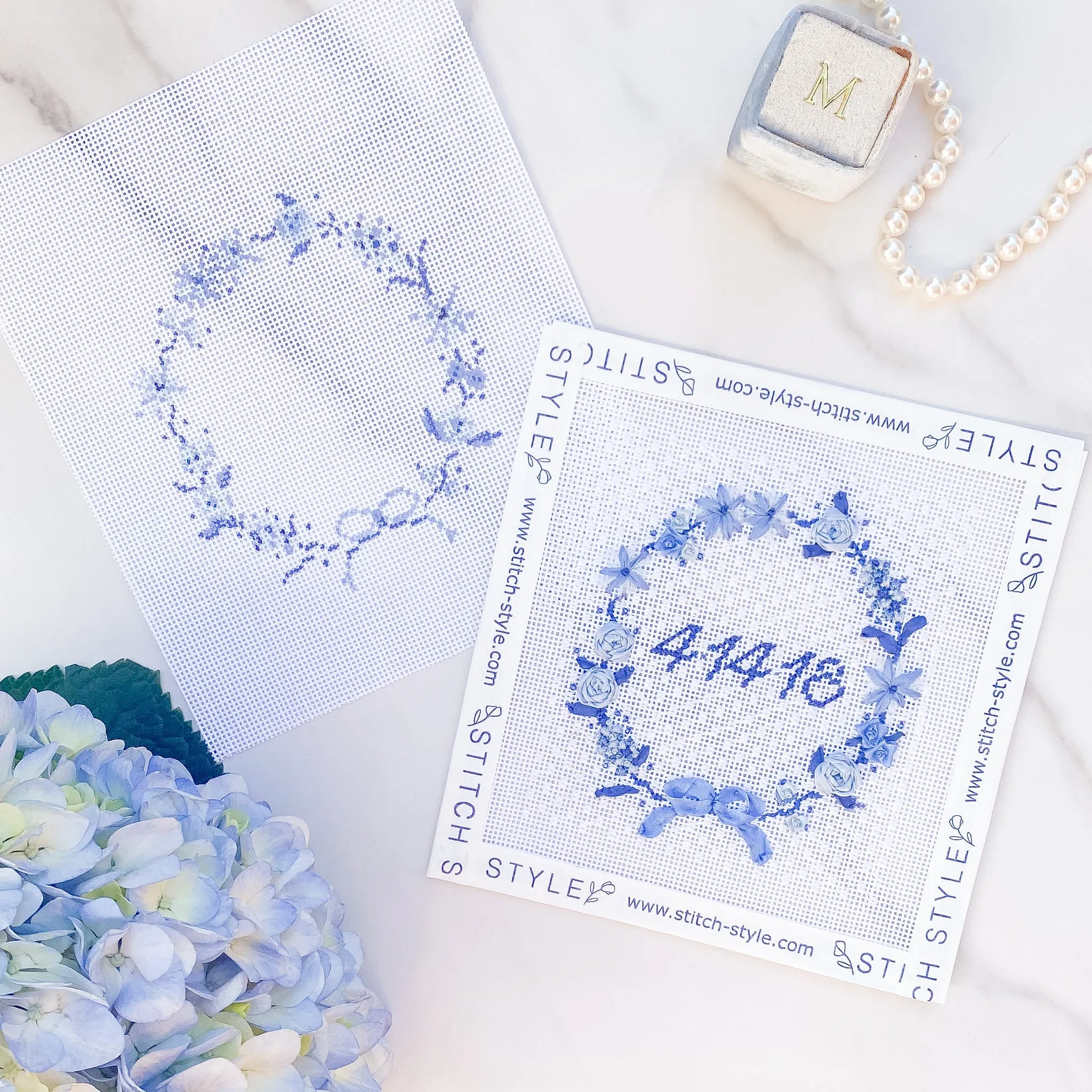 Blue Floral Wreath Needlepoint Canvas