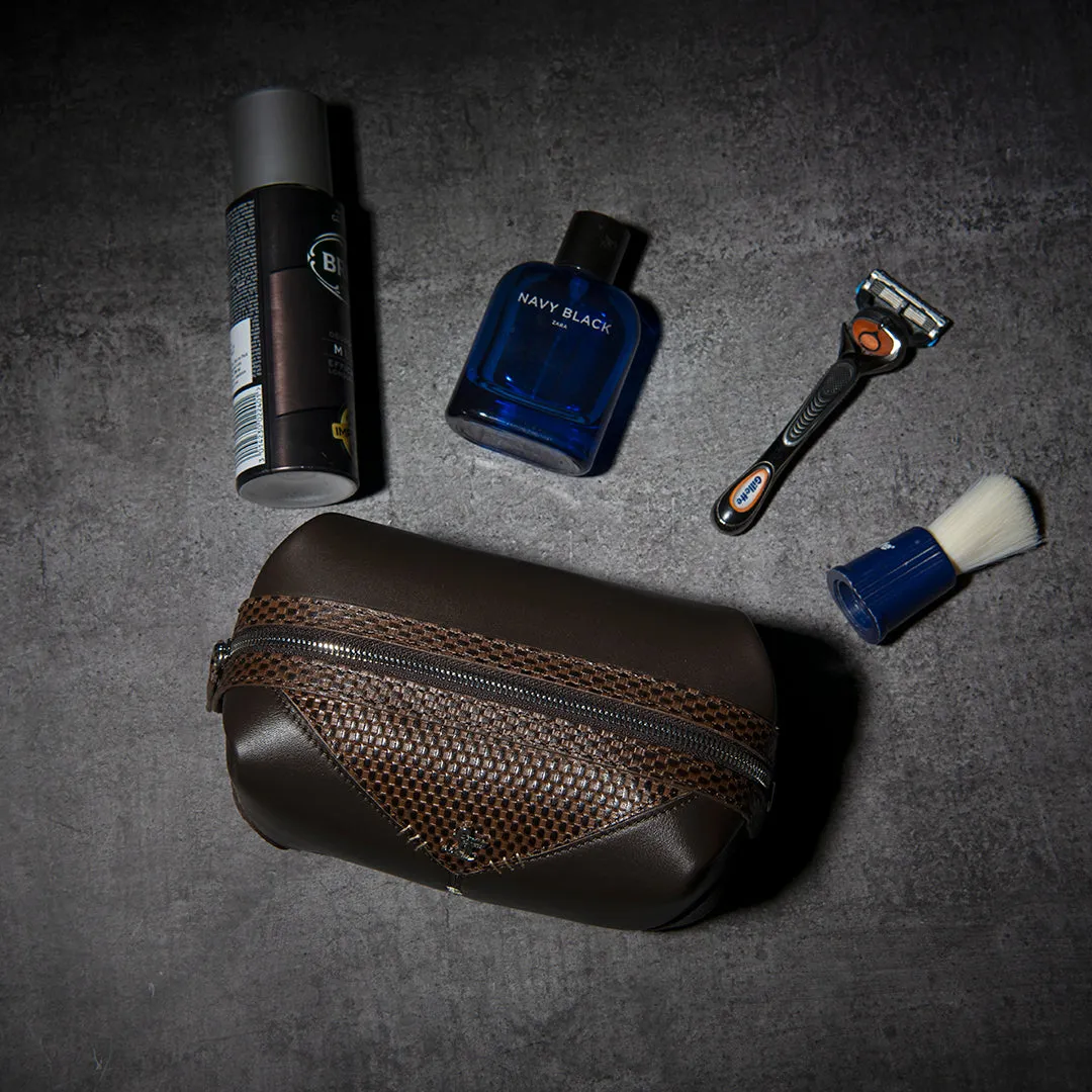 Bom Leather Toiletry / Shaving Kit Bag | For Carrying Grooming Essentials & Travel  | Color: Brown, Black