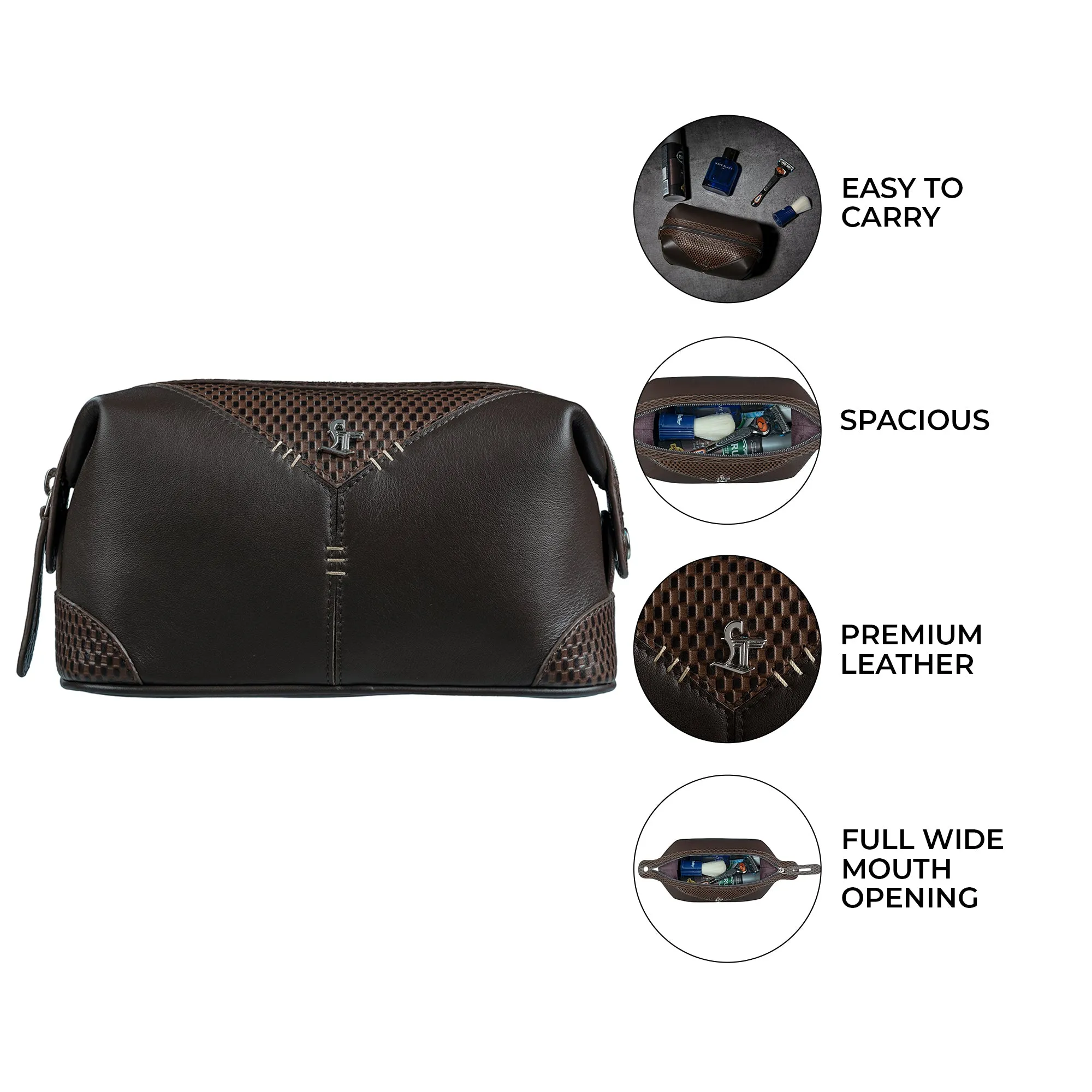 Bom Leather Toiletry / Shaving Kit Bag | For Carrying Grooming Essentials & Travel  | Color: Brown, Black